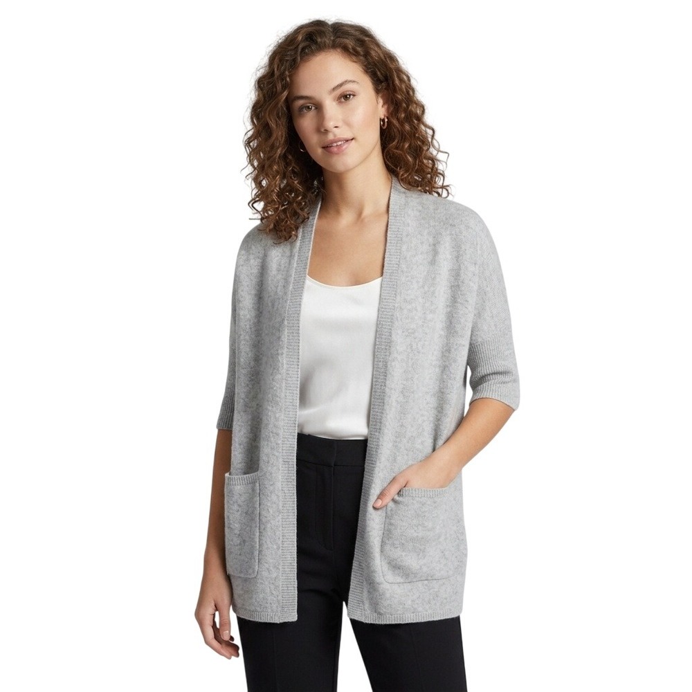 Halogen Open Cardigan 100% Cashmere Sweater Women's Size OS Gray Elbow‎ Sleeve